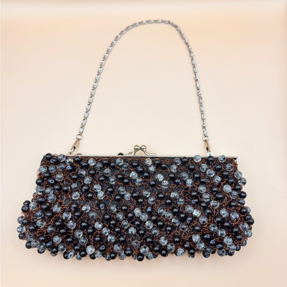 Vintage Black & Clear Hand-Beading on Copper Wire Purse w/ Shoulder Chain Strap